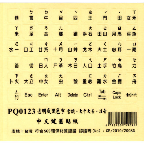 霧面透明底 黑色字中文 電腦鍵盤貼紙（大千大易+倉頡+注音符號）一張